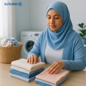 Seorang ibu berhijab biru muda sedang melipat pakaian bersih di meja laundry dengan aroma segar dari bibit parfum Freshence, menampilkan suasana rapi dan menenangkan.