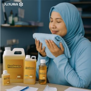 Ibu berhijab biru muda menikmati aroma harum dari handuk sambil duduk di meja laundry dengan deretan produk Freshence bibit parfum; suasana menggambarkan keharuman lembut dan kenyamanan pelanggan yang mencari dimana beli bibit parfum berkualitas.