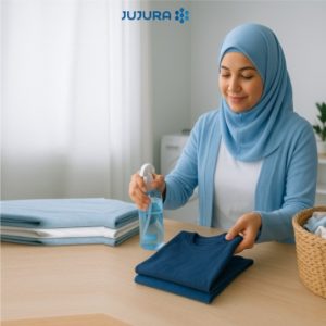 Perempuan berhijab biru muda menyemprot pakaian menggunakan biang parfum laundry Freshence di ruang laundry yang cerah, menghadirkan aroma segar yang tahan lama.