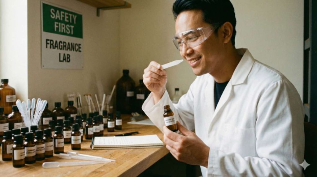 Beberapa botol bibit parfum laundry berjejer rapi di dekat tumpukan handuk bersih, menampilkan hasil uji campuran parfum agar tahan lama.
