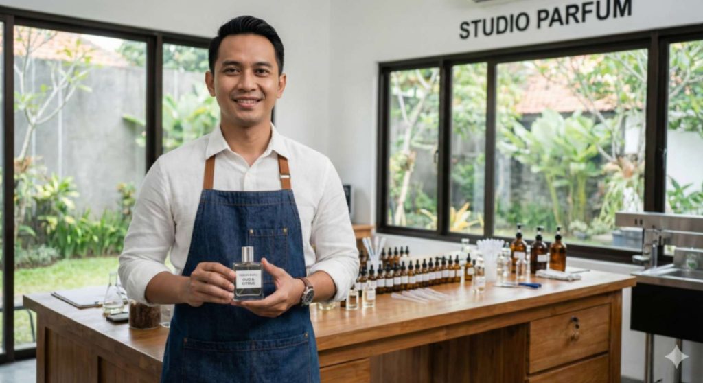 Tangan pengusaha laundry sedang mencium aroma bibit parfum laundry dari botol sampel untuk memilih varian wangi terbaik sebelum produksi besar.